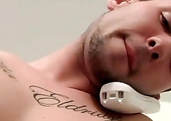 Handsome stud talks on the phone and jerks off solo