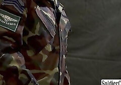 A new recruit soldiers kneels down to their superior for cock sucking