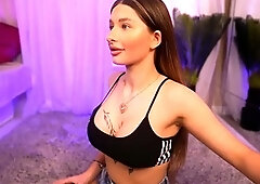 Busty curly brunette with big boobs fucks on couch