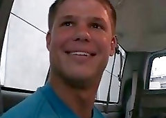 Naked stud is about to get a gay BJ in the bus