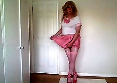 Taking my skirt off in a white and pink uniform and stockings