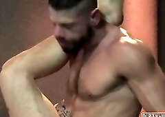 Muscle bear threesome and cumshot