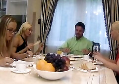 A breathtaking golden-haired seduces multiple males at a lavish dinner table, her moist vagina eagerly taking hard weenies in intensive group exciteme