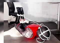 Hogtied in Boots, Fishnet, Red Pvc Dress and Masked. Struggling to Get Free.