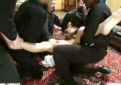 Large bazookas law student Amy Brooke gets hooded and tied by group of coarse chaps then all holes fingered and fisted and double penetration banged b