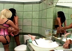 Femdom goddess Leanna Decker indulges in cum licking with her lucky submissives