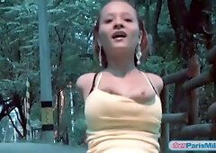 Teen with giant tits makes them come out