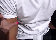 Hung Randy jerks off while riding the fat cock of Travis