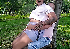 Michell and Paula go out to the public garden in Colombia and start having oral sex and fucking under a tree.