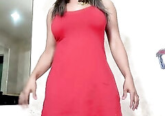 TS Naomi Chi the golden-haired breasty Mexican trans t-girl with large bazookas and a large booty wears a short costume with her shlong packed in pant