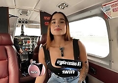 Colombian model Abella Olsen hooks up with her secretary on a private jet while the pilot watches