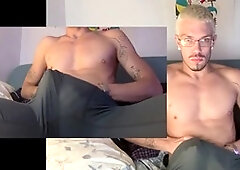 Blond guy shows off in tight spandex during cam session in dad's basement