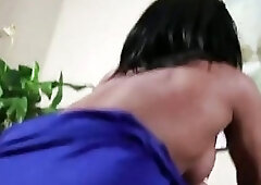 Classy ebony transsexual babe strips and strokes for the camera