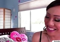 Tanned Ts Venus Lux bangs Marilyn Moores tight pussy in doggystyle