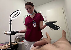 Russian MILF gives her client nice blow and handjobs after lasering his balls