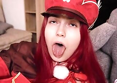 The charming redhead slim bitch in a cosplay and started rubbing and touching that soaked snatch in advance of drilling it with apurple sex-toy sex-to