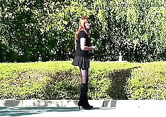Crossdresser Sissy on windy day outside in short skirt