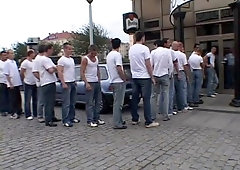 Slutty brunette fucked hard by 30 men in this gangbang film