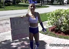 Blonde fucktoy from next door is raising money for her team in a very special way. She even rides my hard dick outdoors to get paid big time!