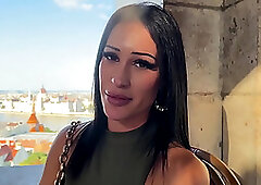 Brunette tourist with an angel face sucks my dick in the park