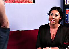 CFNM slut teases perverted naked male while stroking dick