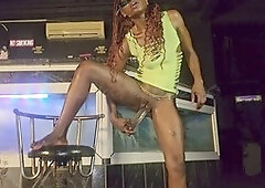 Masturbating at work, after club, ebony pussy spread