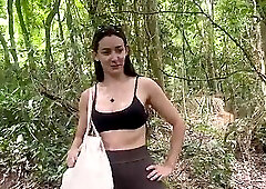 Two friends go hiking and show off their naked bodies in the forest.