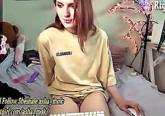 thin polish brunette transgirl with natural boobs and sexy feet legs strokes her girly cock