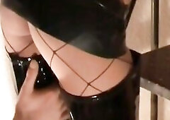 Bitch Escort In Ebony Latex, PVC, Rubber Boots Fishnets Banged and Cum on Latex