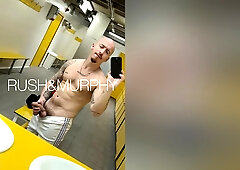 He Masturbates His Huge Cock In The Gym Showers While Muscular Straight Man Spies On Him