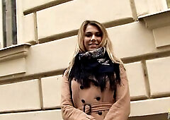 Angel with blond hair using a sex toy in advance of having group-sex