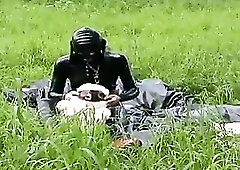 Presenting my latex photo shooting with my stuffed toy. Outdoor scene.