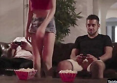 TS cutie Crystal Thayer positions for a hot tease show in a skimpy costume revealing a shapely butt. The breasty tgril starts by giving handsoe dude C