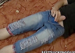 Big cock Eryk licks his toes while jerking thick cock solo