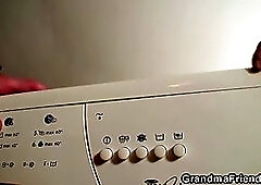 Two repairmen fuck old grandma from both ends