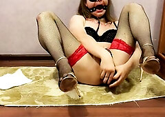 Sissy Elise collared and leashed plays with her favourite sex-toy. It begins with riding, then this babe changes position and discloses degrading writ