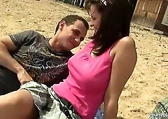 Busty brunette teen Rita gets fucked outdoors