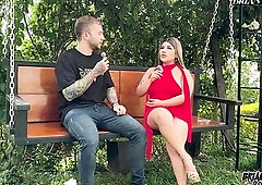 A golden-haired Colombian porn actress gives an interview about her career in the adult industry. After chatting with her, the interviewer offers they