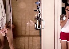 A teen and a blonde milf are in the bed with a horny dude