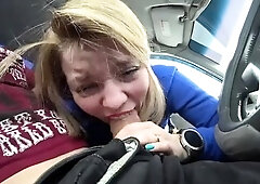 Naughty blonde teen delivers a deep POV blowjob in the car