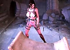 Mature busty Lara Croft dancing naked at exit of tomb after successful raid