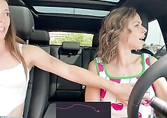 Nadia Foxx & Serenity Cox using Lush remote controlled sextoys in public drive thru & cumming hard