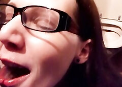 Nerdy librarian with glasses likes to gulp void urine