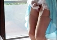 Adventurous Chantal Fouet biking in silk lingerie and shiny nylon stockings