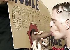 Cute pierced shemale Morena Ebony sets up a mobile gloryhole and gets her butt stretched to the max by hung Chad Diamond previous to hawt facial.