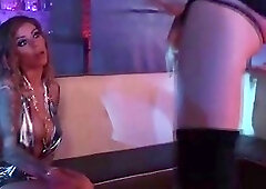 Shemale seduces a girl with a striptease before fucking her