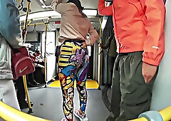 PAWG in vibrant leggings gets taken from behind on the bus then creampie indoors