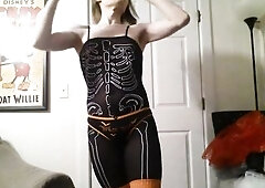 Trans Beauty in Skeleton Bodystocking for Halloween