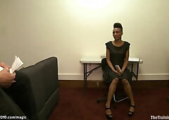 Bound black training squating on dildo