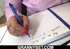 Office mature in white stockings enjoys riding